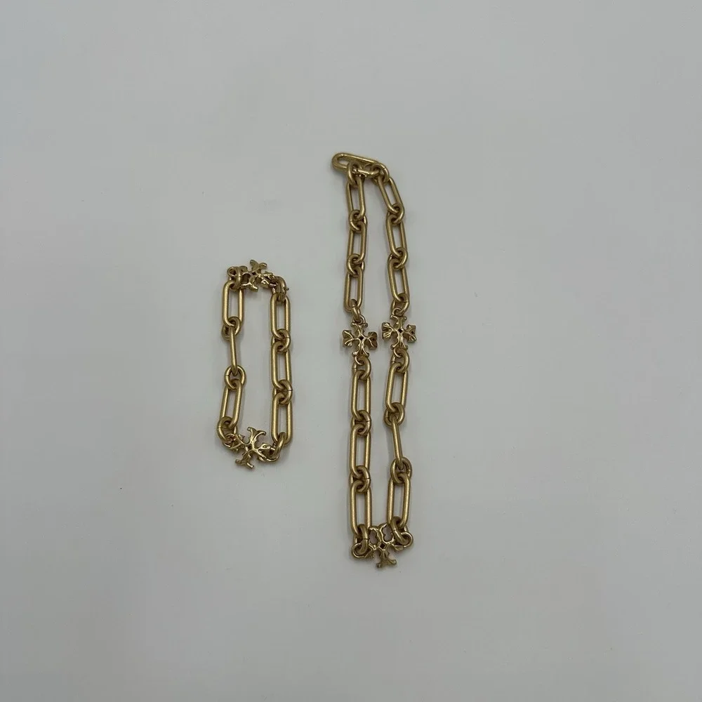 TORY BURCH Gold Roxanne Choker Chain Link Necklace And Bracelet 18k Plated